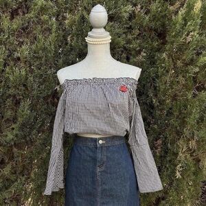 Ambiance Gingham Pattern Off The Shoulder Long Sleeve Crop Top Size Small